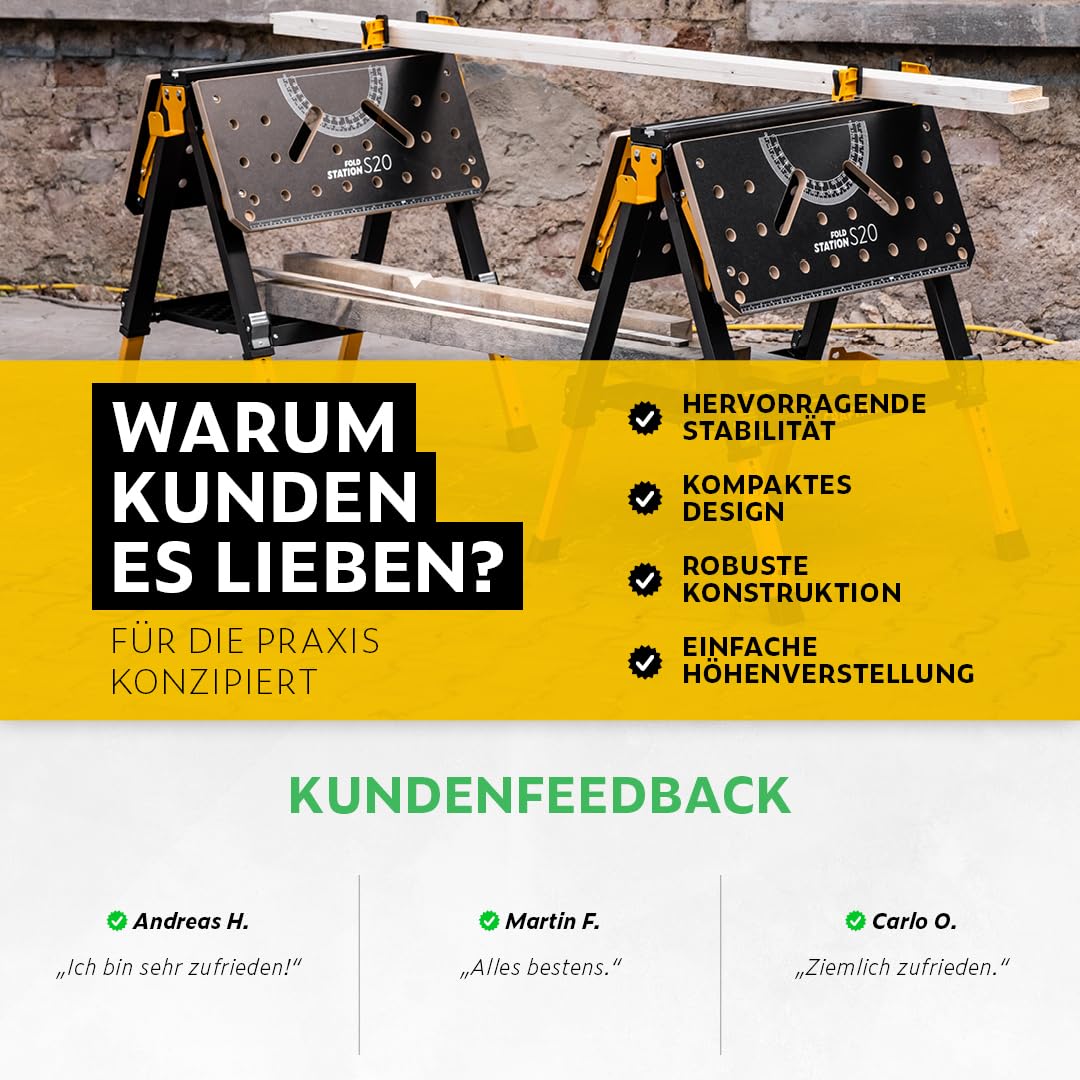 Klappbare Werkbank mit Arbeitsbockfunktion, höhenverstellbare Stahlkonstruktion, geeignet für schwere Arbeiten, inklusive Zubehör
