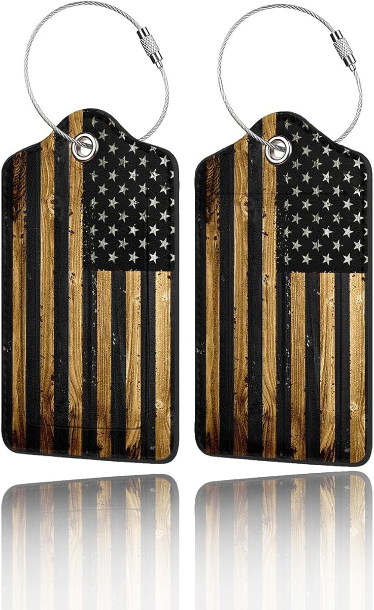 2 Pack PU Leather Luggage Tags for Suitcases - Wood American Flag | Privacy Protection Suitcase Bag Tag with Stainless Steel Loop & Name Card Baggage Tag for Women Men Cruise Travel Essentials