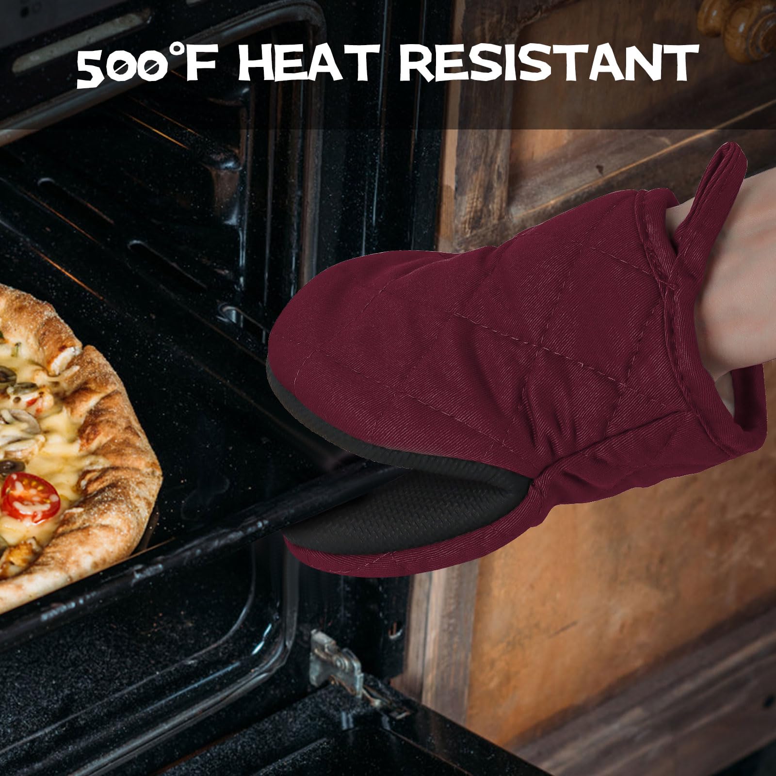 Ovenwanten, pannenlap handschoen, 260°C ovenwanten hittebestendig met antislip siliconen greep en ophanglusje, oven kookhandschoenen set, dikke keukenhandschoenen, bakhandschoenen