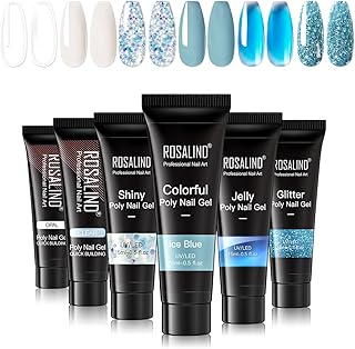 ROSALIND Poly Nail Gel Set Blue Colors, 6 PCS Nail Extensions Gel 15ML Clear Glitter Nail Poly Gel Blue Series Nail Enhancement Gel, Jelly Poly Nails White Blue Sparkle Poly Nails Gel Colors