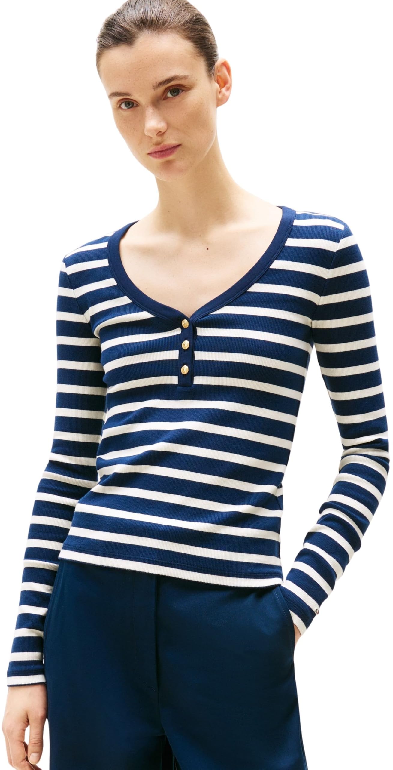 Tommy Hilfiger Damen Langarmshirt Slim Henley mit Knopfleiste, Mehrfarbig (Dark Night Navy/Calico STP), XXL