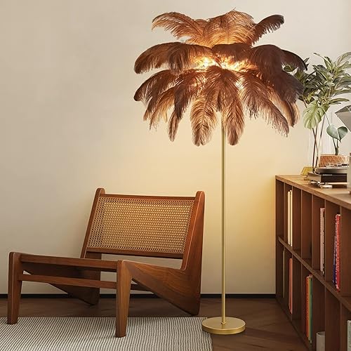 Miniatura 6 de Lámpara de pie de plumas de avestruz natural, lámpara de pie de plumas doradas para decoración de sala de estar, lámpara de pie de esquina con