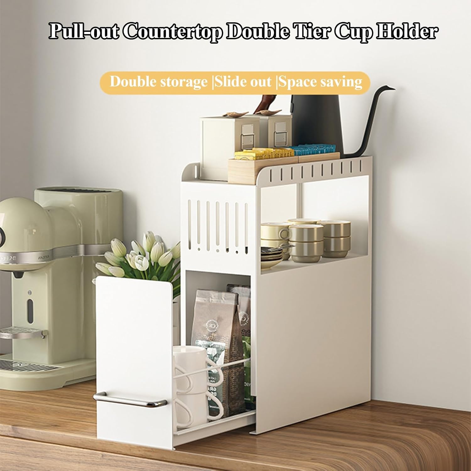 Kitchen Countertop Storage Spice Rack, Pull-Out Metal Spice Rack Organizer, Narrow Side Space Saving, Condiment Bottle Storage, White(2 Layer)