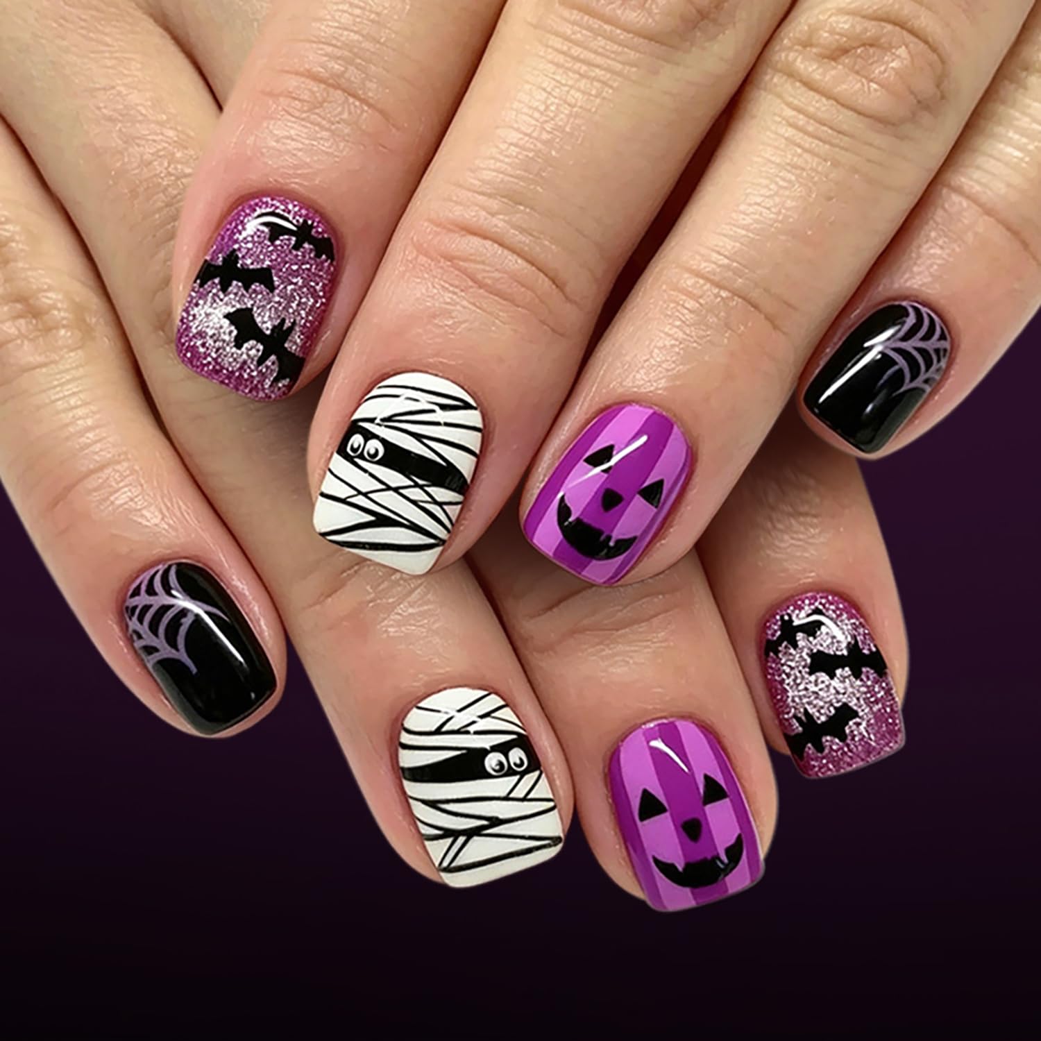 6 Packs (144 Pcs) Halloween Press On Nails Short Square Fake Nails