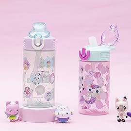 Zak Designs DreamWorks Gabby\'s Dollhouse Sage Kids Water Bottle For School or Travel, 16oz Durable Plastic Water Bottle With Straw and Leak-Proof, Pop-Up Spout Cover, 2-Pack Set (The Gabby Cats)