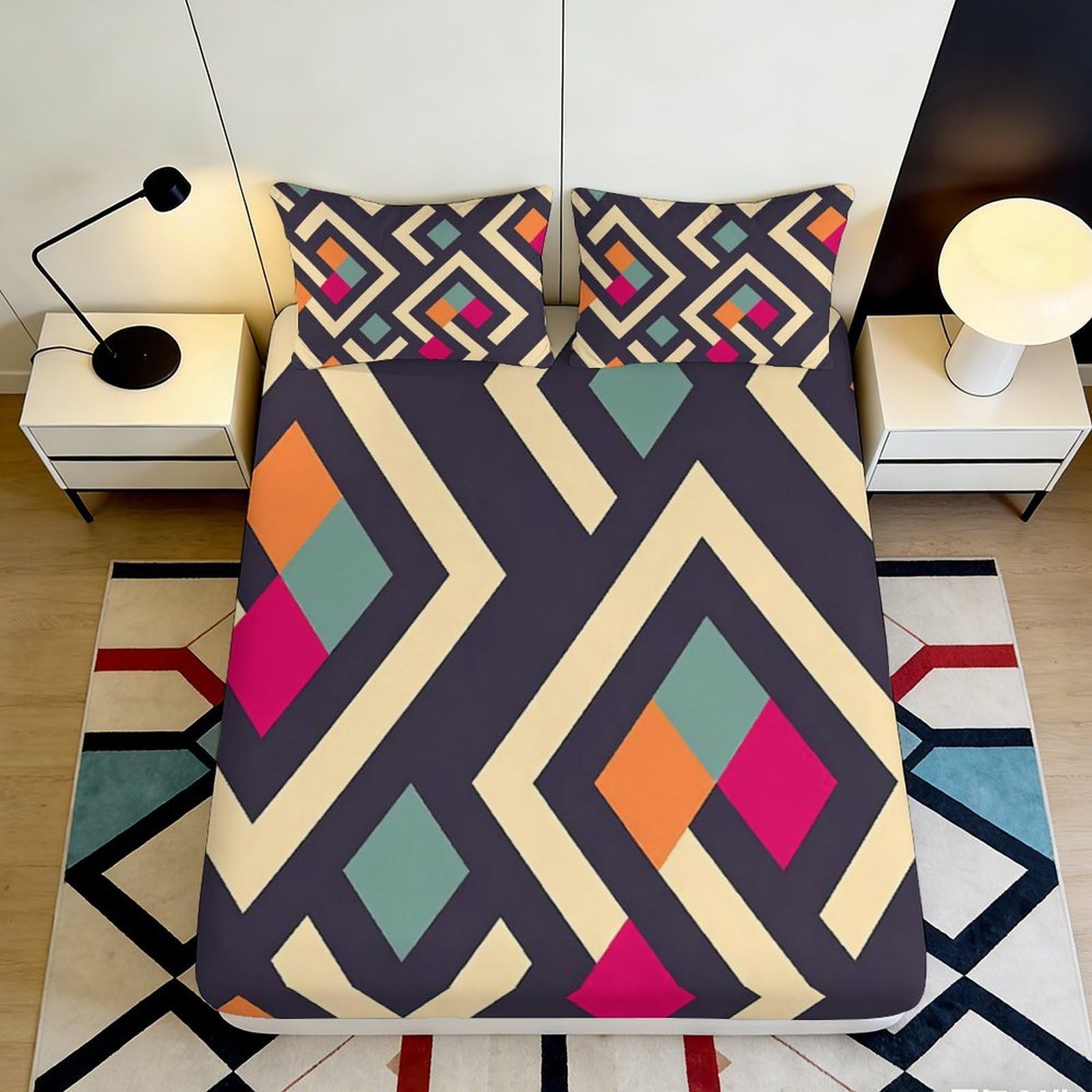 3D Printed Geometric Colour Block Fitted Sheet Microfiber Soft Modern Abstract Mattress Cover Bedroom Dorm Decor 90x200x25cm