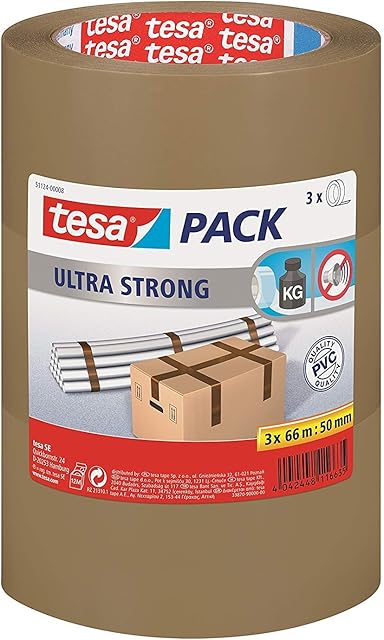 tesapack Ultra Strong - PVC Packing Tape for Firm Packaging and Secure Packing - Brown - 66 m x 50 mm, Pack of 3