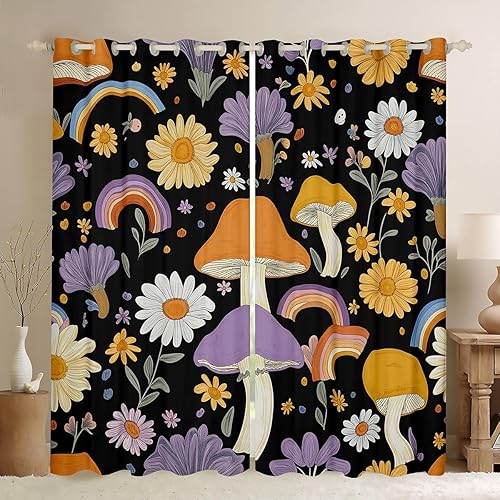 Miniatura 17 de Erosebridal Cortinas de flores hippie para decoración de cumpleaños, cortinas opacas lindas con diseño floral de arcoíris, 84 pulgadas de ancho x 84