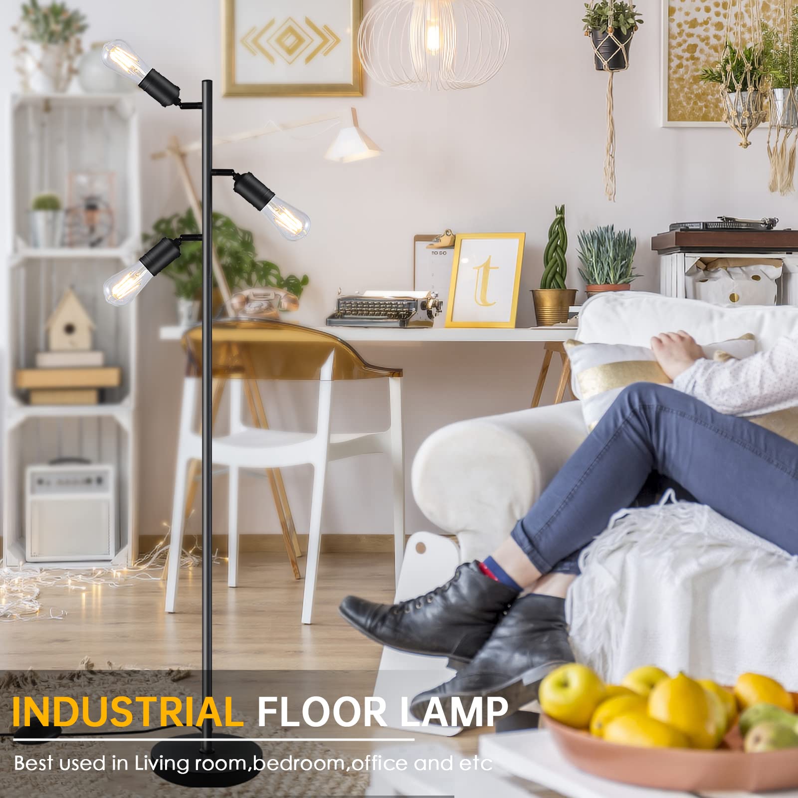 Lámpara de pie industrial con 3 luces giratorias ajustables, lámpara de pie de árbol para sala de estar, dormitorio, hogar, oficina (bombilla Edison E26, negro) 7