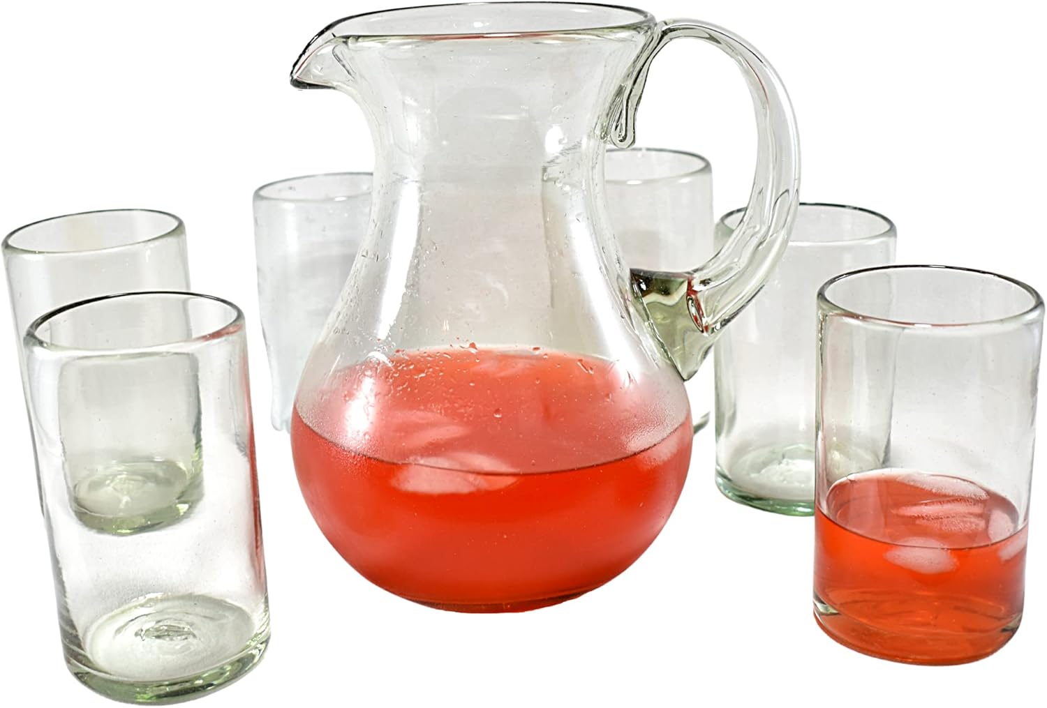 MAREY | Pitcher Set with Glass Cups for Water | Includes 6 Glasses & 1 Jug | Blown Glass Made in Mexico Artisanally | Table Set | (16 Oz Tumblers - 2 Lt., Transparent)