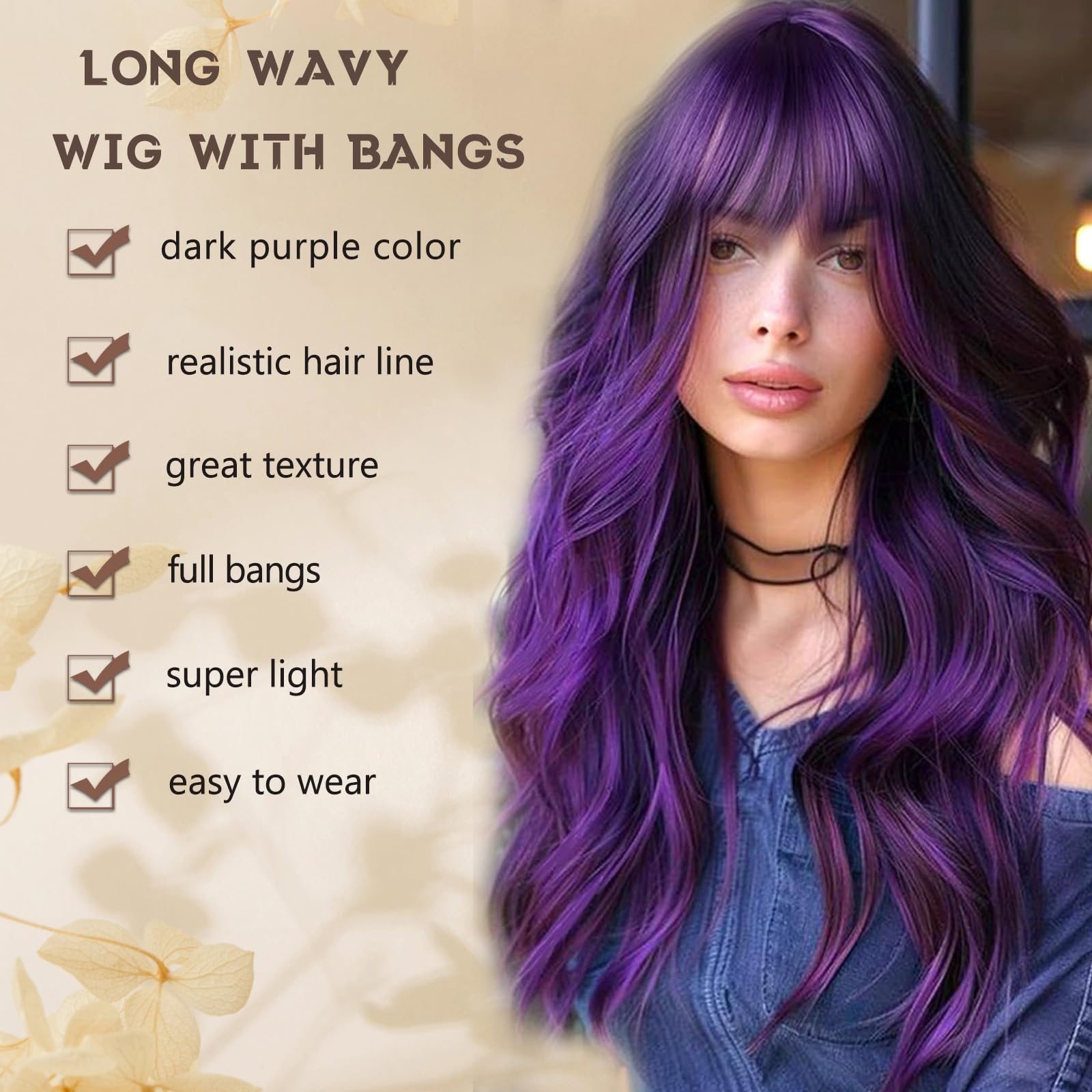 MINSEEYOO Long Wavy Synthetic Wig with Bangs