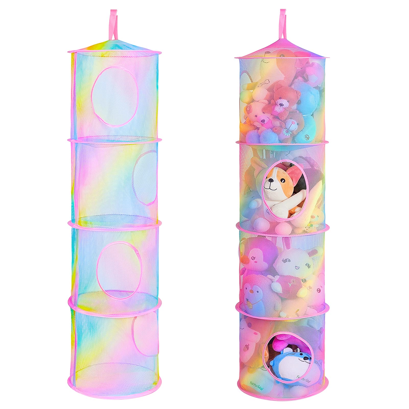Beinou Hanging Storage Net Kids Toy Hammock 2Pcs Foldable Mesh Net 4 Tiers Hanging Shelves Large Plush Toy Organizer for Bedroom Nursery