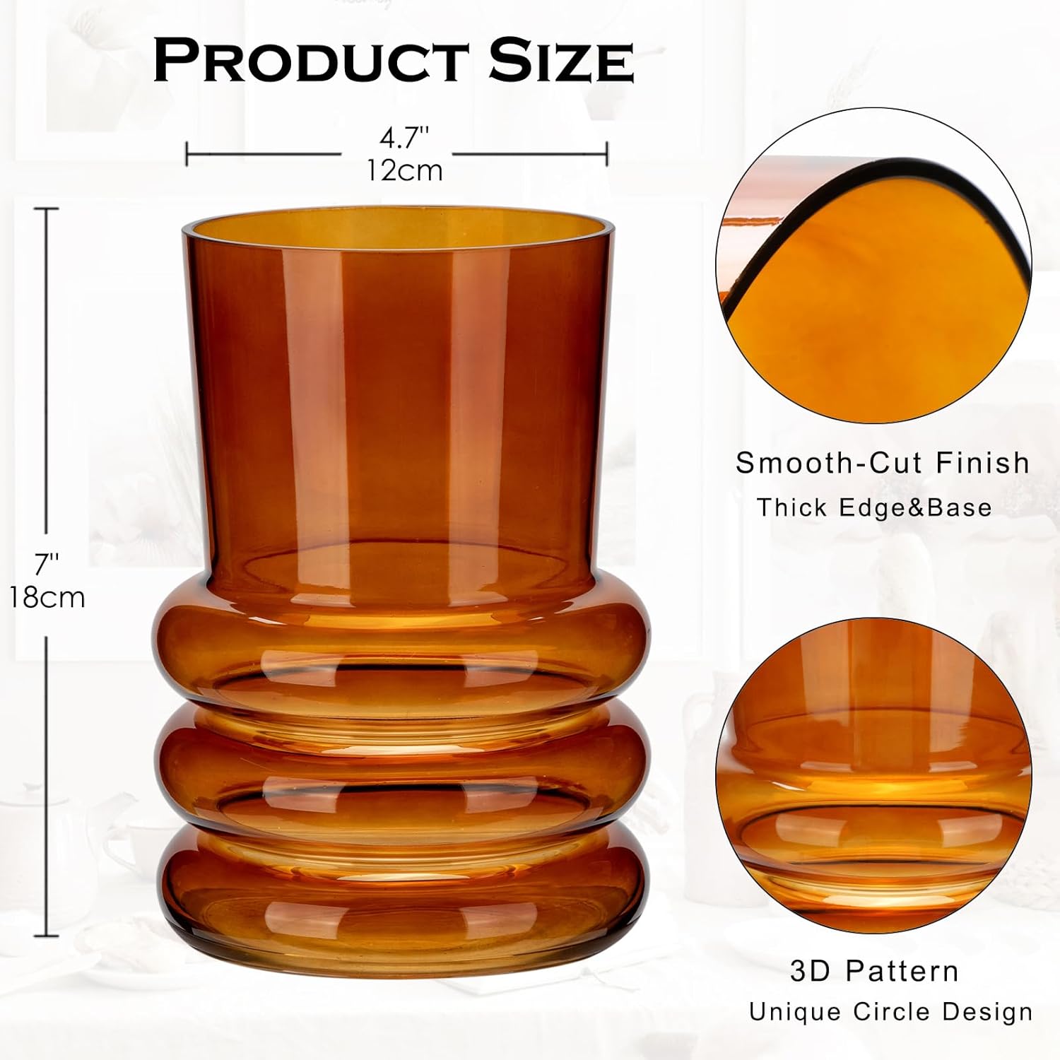 Amber Glass Flower Vase, 7" x 4.7" Thickened Hydroponic Flower Vase Modern Geometric Glass Vase for Home Living Room Wedding Centerpieces Office Table Decor - Image 2