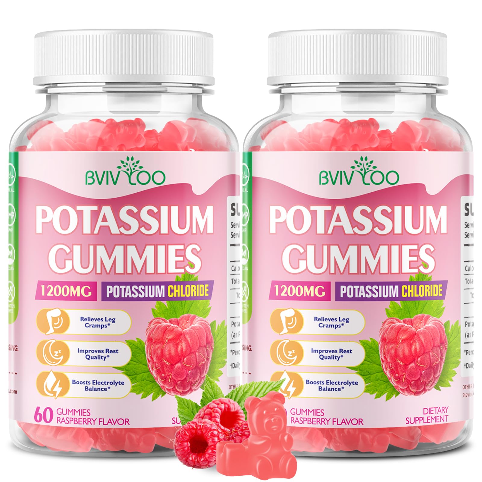 Potassium Gummies for Adults with 1200mg Potassium Chloride - Supports Muscle Health & Leg Cramps, Raspberry Flavor, 120 Count Raspberry - 2 Pack
