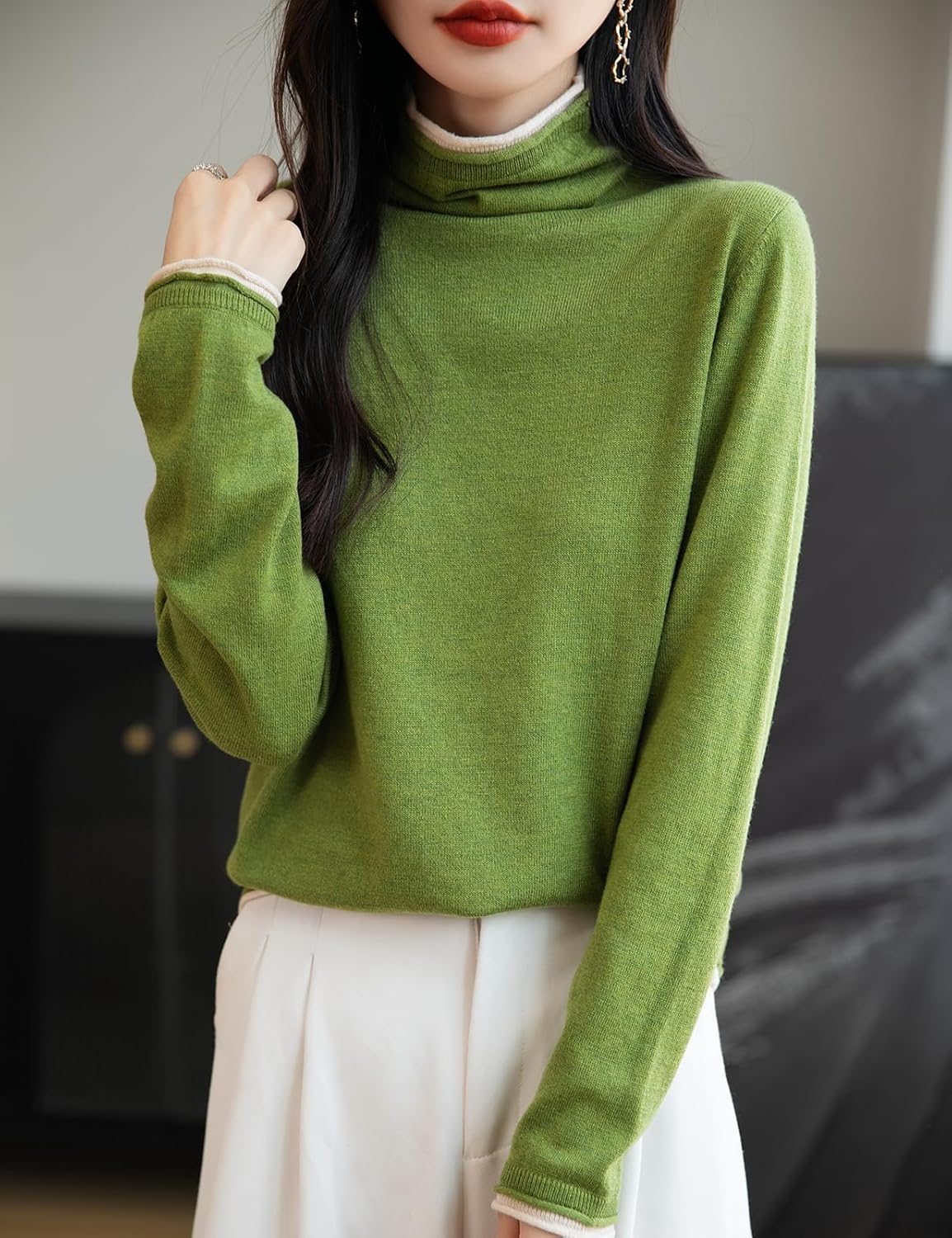 Women's Merino Wool Blend Sweater 2025 Fall Winter Fake Two Piece Color Block Tutrleneck Long Sleeve Knit Pullover - Image 6