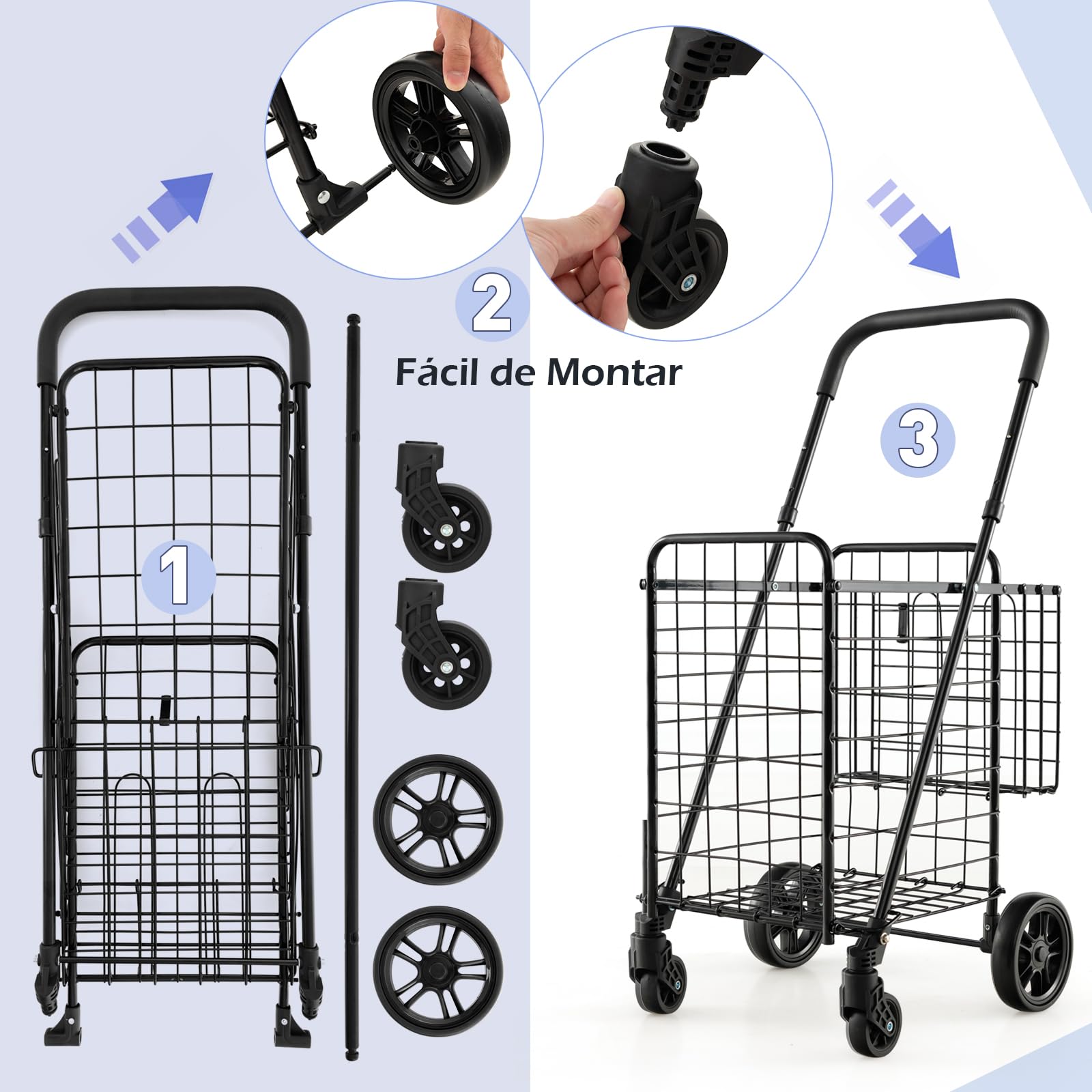GYMAX Carro de la Compra Plegable de Metal, Carrito Compra Portátil con Doble Cesta 48 L+10 L, Soporta hasta 20 kg, 4 Ruedas, con Asa Ajustable de 89 a 95 cm (Negro)