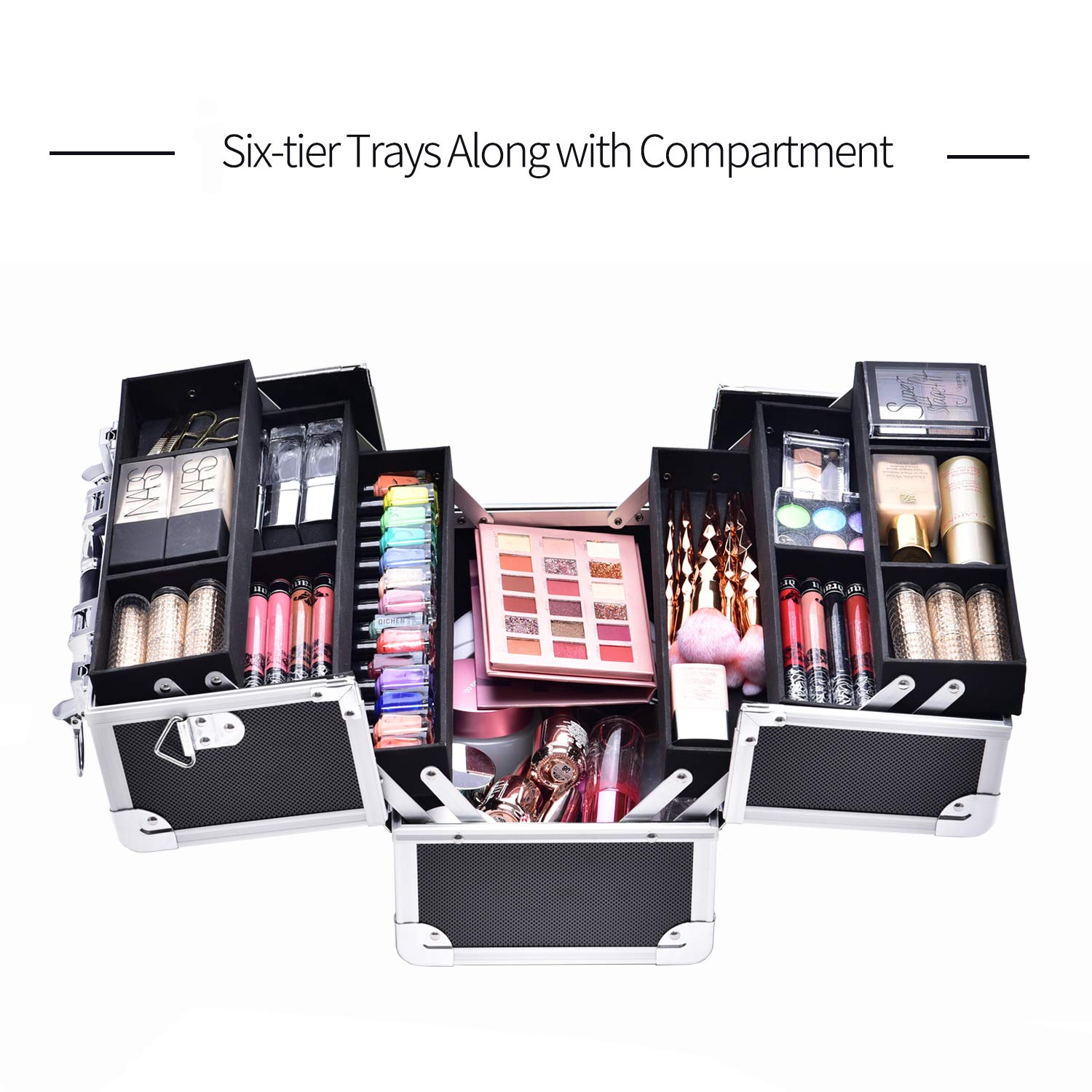 Frenessa Makeup Train Case Large Cosmetic Box 6 Tier Trays with Compartments Professional Makeup Box Jewelry Storage Organizer Case Adjustable Bottom with Shoulder Strap - Black : Beauty & Personal Care