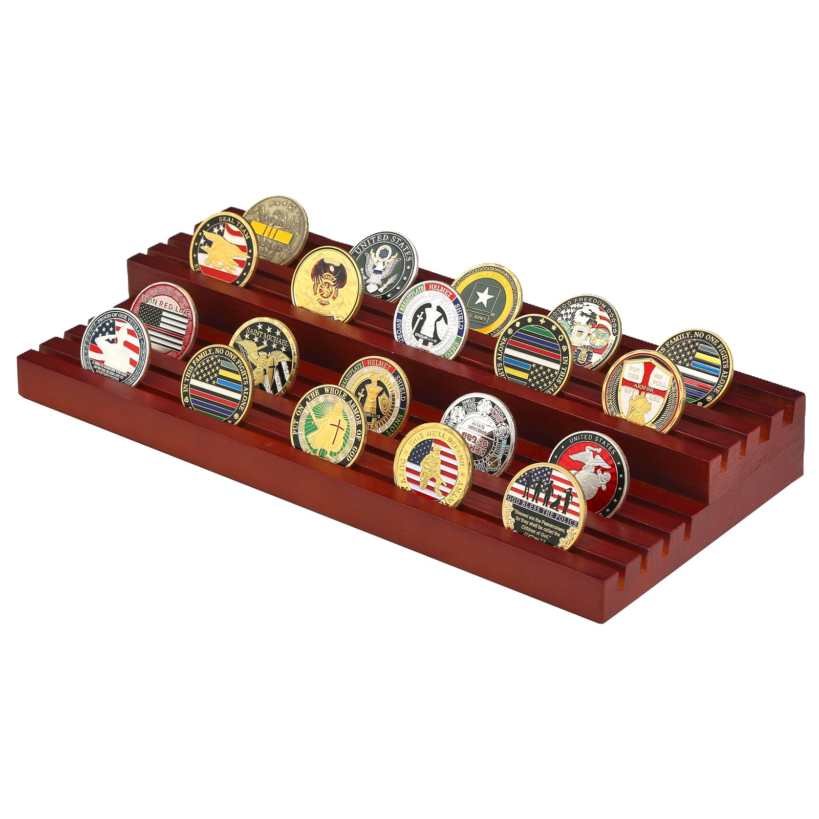 QozaryChallenge Coin Display Stand - Two Tier Solid Wood Coin Display Holder Rack, 8 Rows Military Coin Holder Display, Coin Holder for Display Collectibles Coins