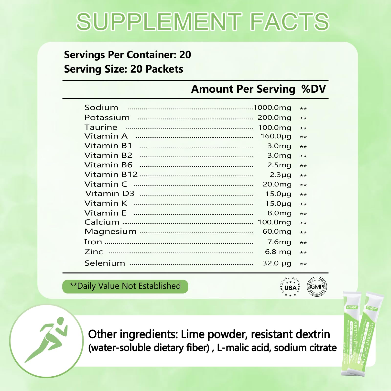 CANLIST Electrolyte Powder - Sugar Free Hydration Drink Mix with Sodium, Potassium, Magnesium - Vegan Friendly, Zero Calorie Electrolytes Supplement for Energy & Recovery (20 Stick Packets) — Amazon image 2