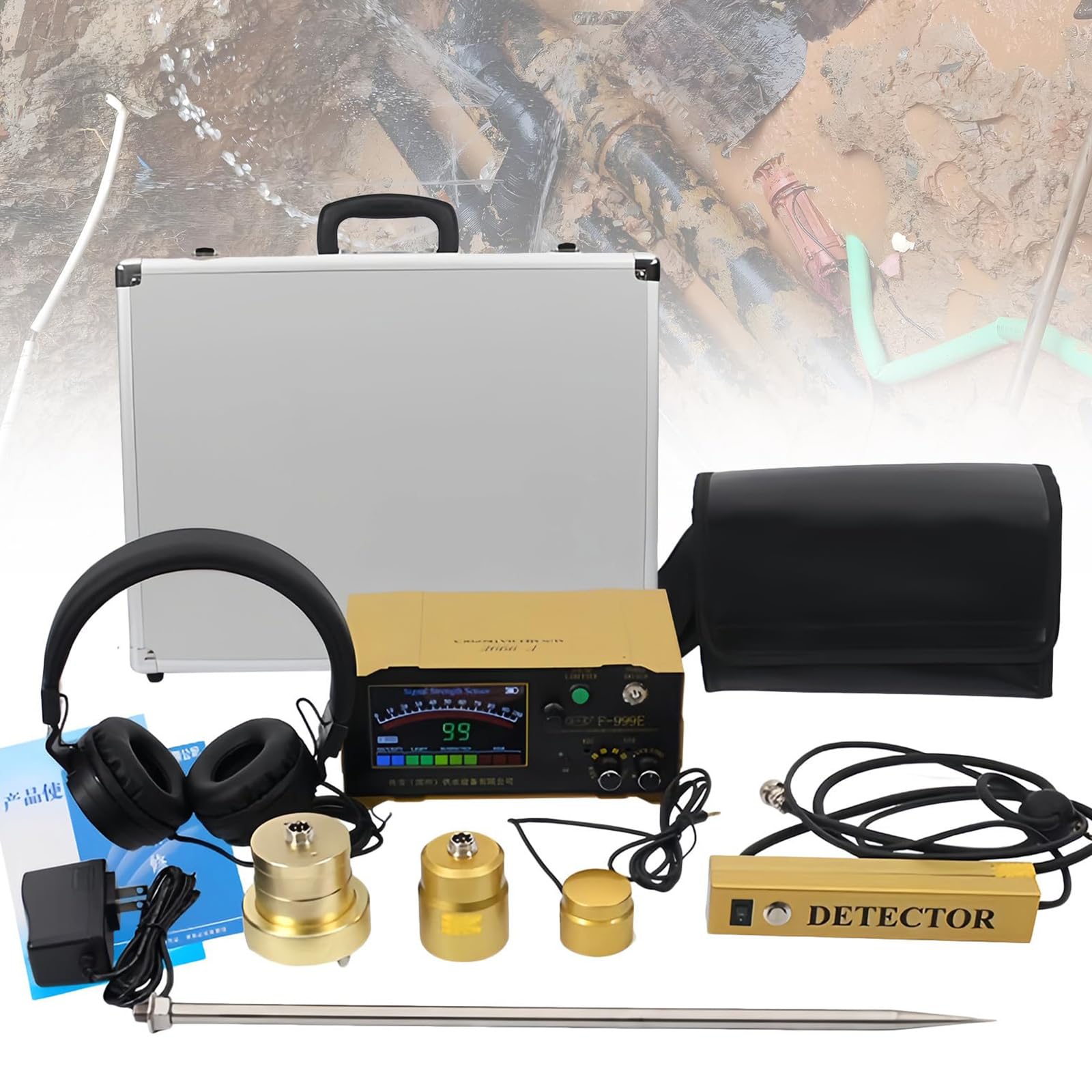 Détecteur de Fuite d’Eau – Outil Professionnel pour Canalisations Souterraines, 4 Fréquences Réglables, Contrôle du Volume, LCD et Sonde d’Humidité pour Tuyaux Intérieurs et Extérieurs F999E