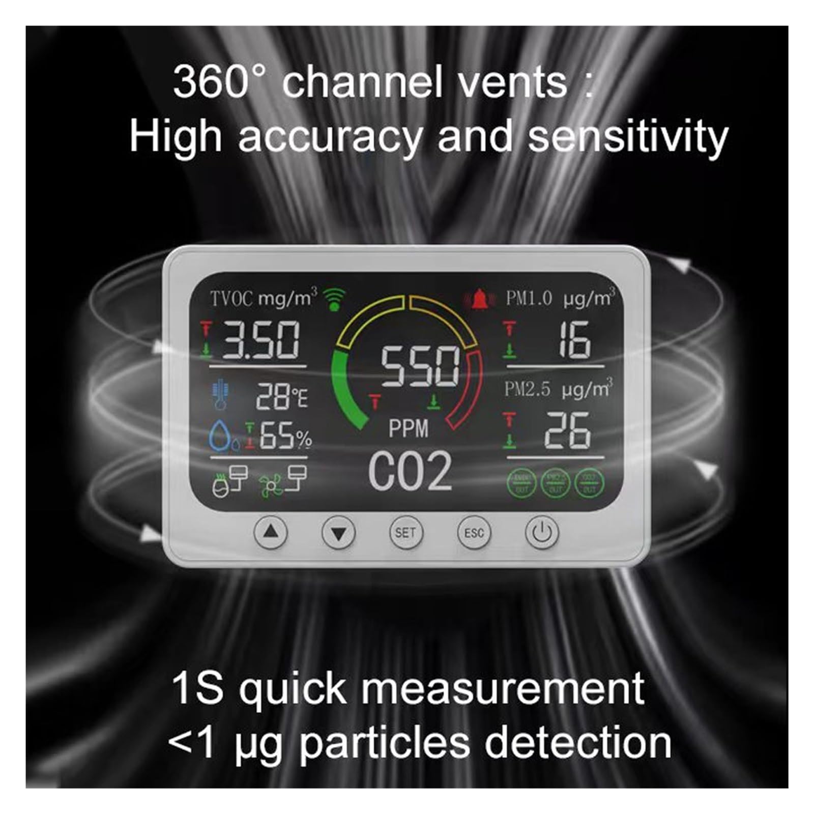 Monitor jakości powietrza w pomieszczeniach, Inteligentny Monitor jakości powietrza Miernik CO2 Cyfrowy Tester czujnika temperatury i wilgotności PM2.5 PM1.0 Detektor formaldehydu do domu, biura, szko