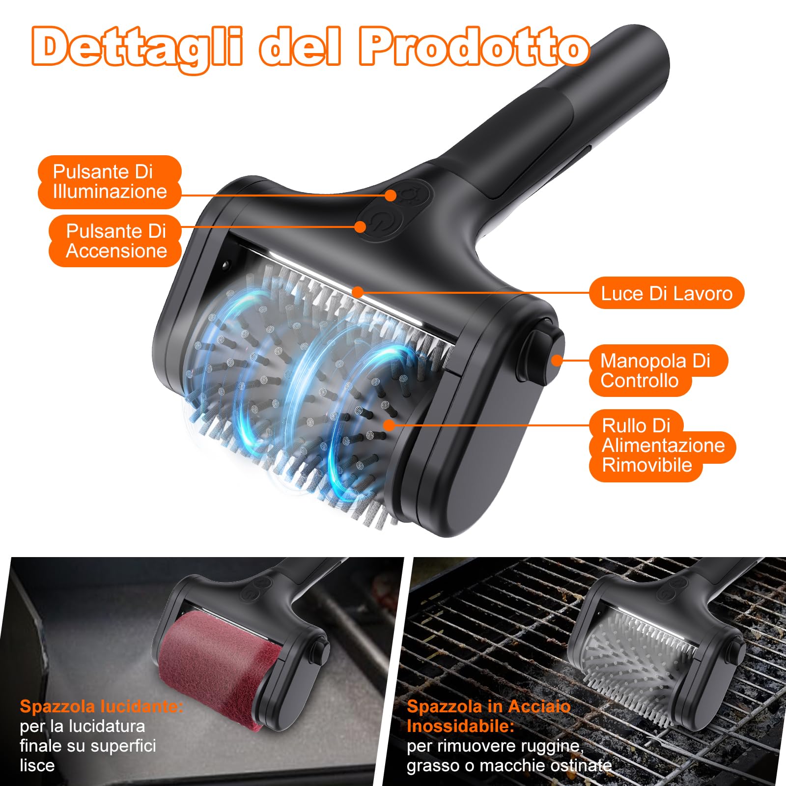 Spazzola Elettrica per Barbecue Ricaricabile, Doppia Velocità 590/1000 Giri, 2 Testine, LED, Nero