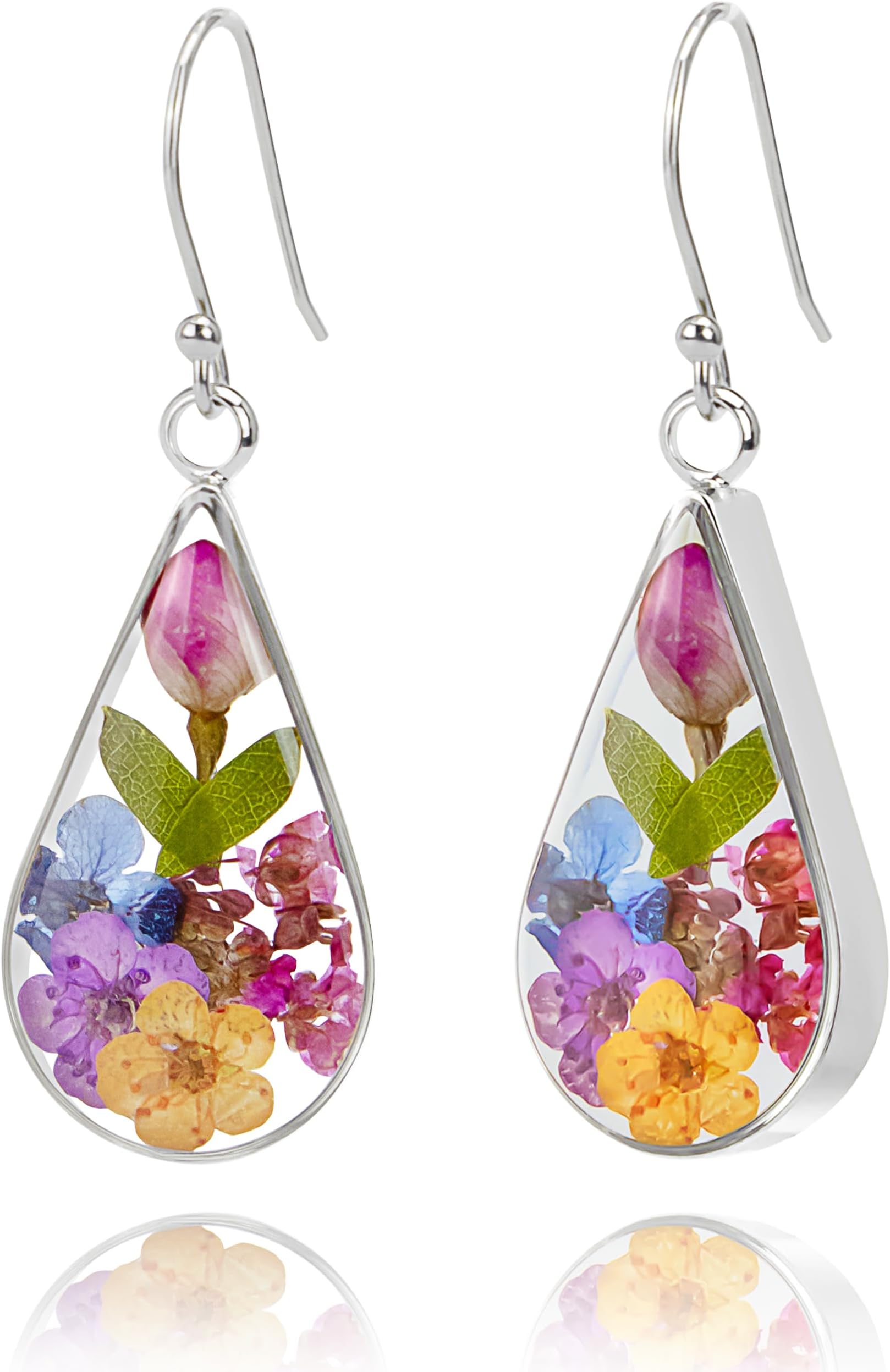 925 Sterling Silver Pressed Flower Teardrop Earrings,Hypoallergenic Women's Jewelry Gift for Mom and Wife,Handmade Natural Dried Flower Teardrop Earrings Jewelry Gift