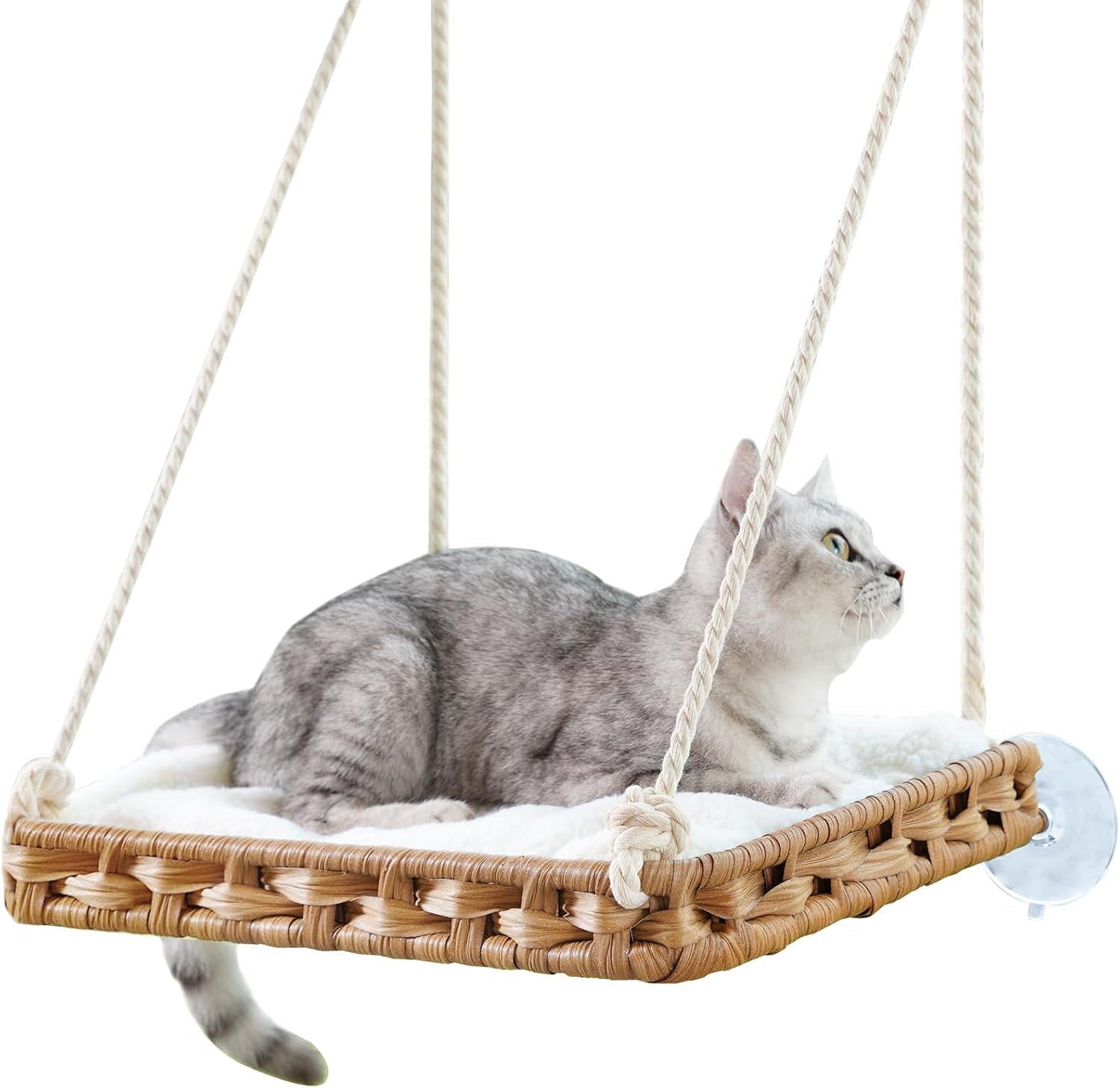 Cat Window Perch Cat Window Hammock Bed for Indoor Cats, Large Handwoven PE Rattan Window Seat, 4 Suction Cups, Double Sided Washable Cushion Bed, 2.3 Inch Fence Shelf, for Pet Kittens Natural