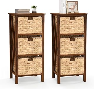 Giantex 3-Tier Nightstand with 3 Wicker Baskets Set of 2, Wooden X-Design Side Table End Table, Beside Table with Acacia Wood Legs, Mid Century Accent Storage Cabinet for Small Spaces, Bedroom, Walnut