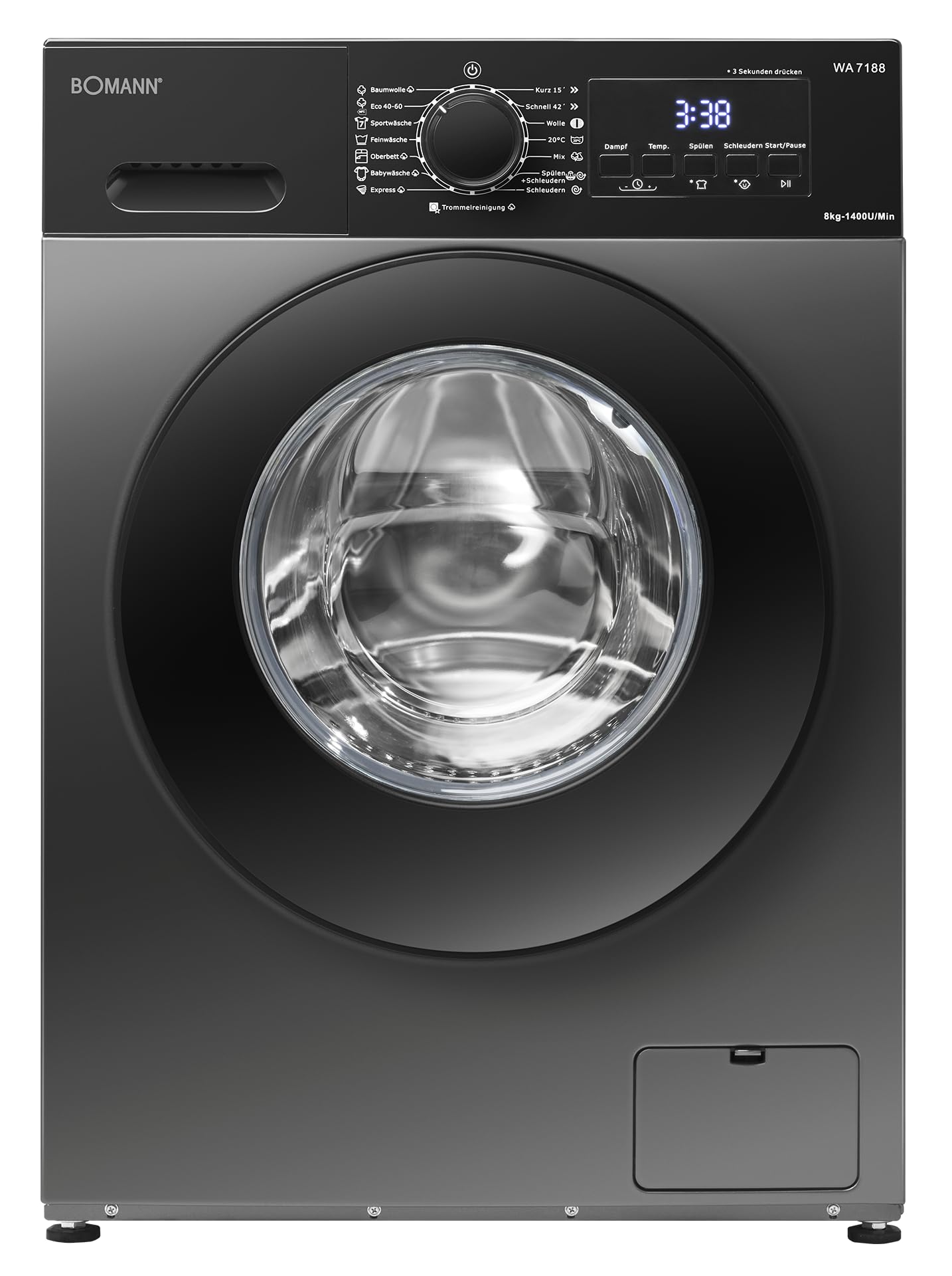 Bomann WA 7188 Waschmaschine 8kg 1400 U/min Invertermotor Dampffunktion LED-Display titan-schwarz
