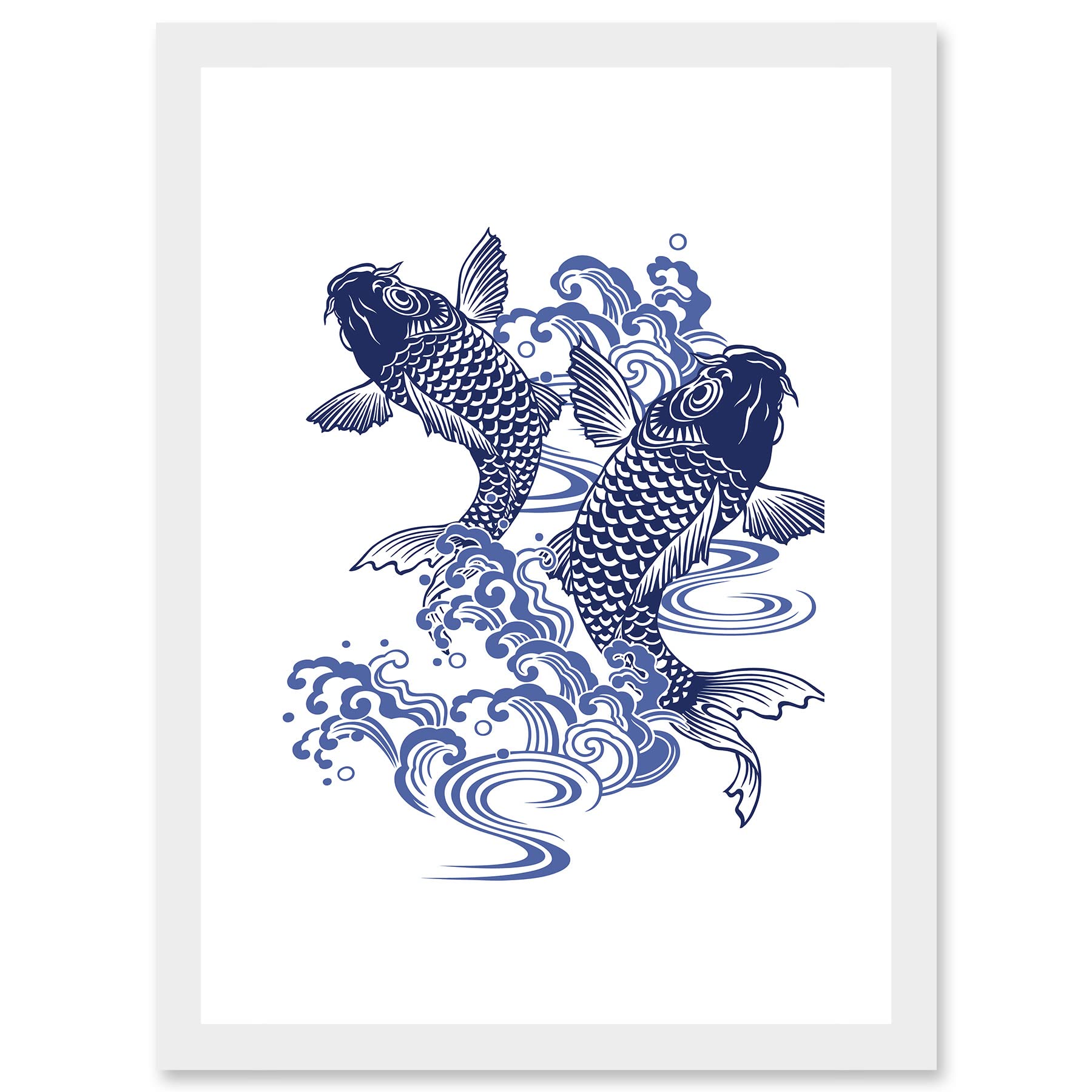 Artery8 Japanese Koi Carp Fish Illustration Water Artwork Framed Wall Art Print A4