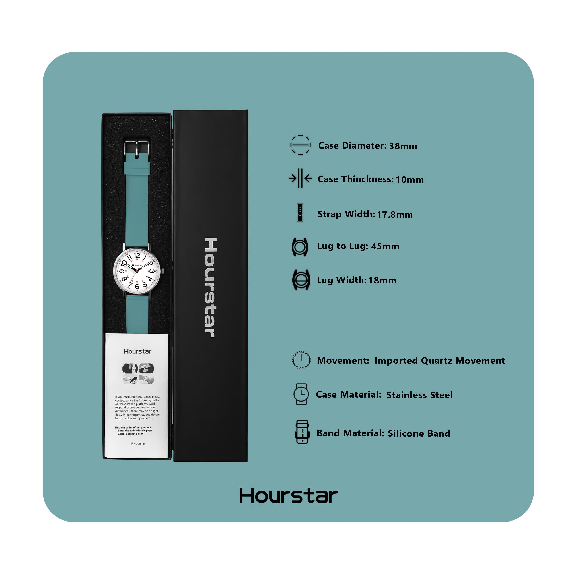 Reloj analógico de enfermera para mujer con segunda mano para enfermería, 12/24 horas, correa de silicona, fácil lectura (cian)