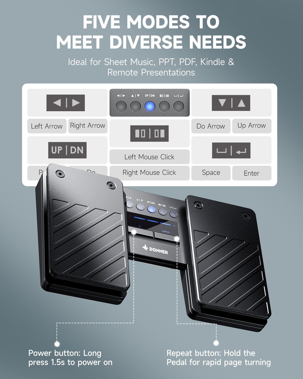 Donner Wireless Page Turner Pedal, Pedale Wireless Bluetooth per iPad, Tablet E Telefoni, Colore Nero