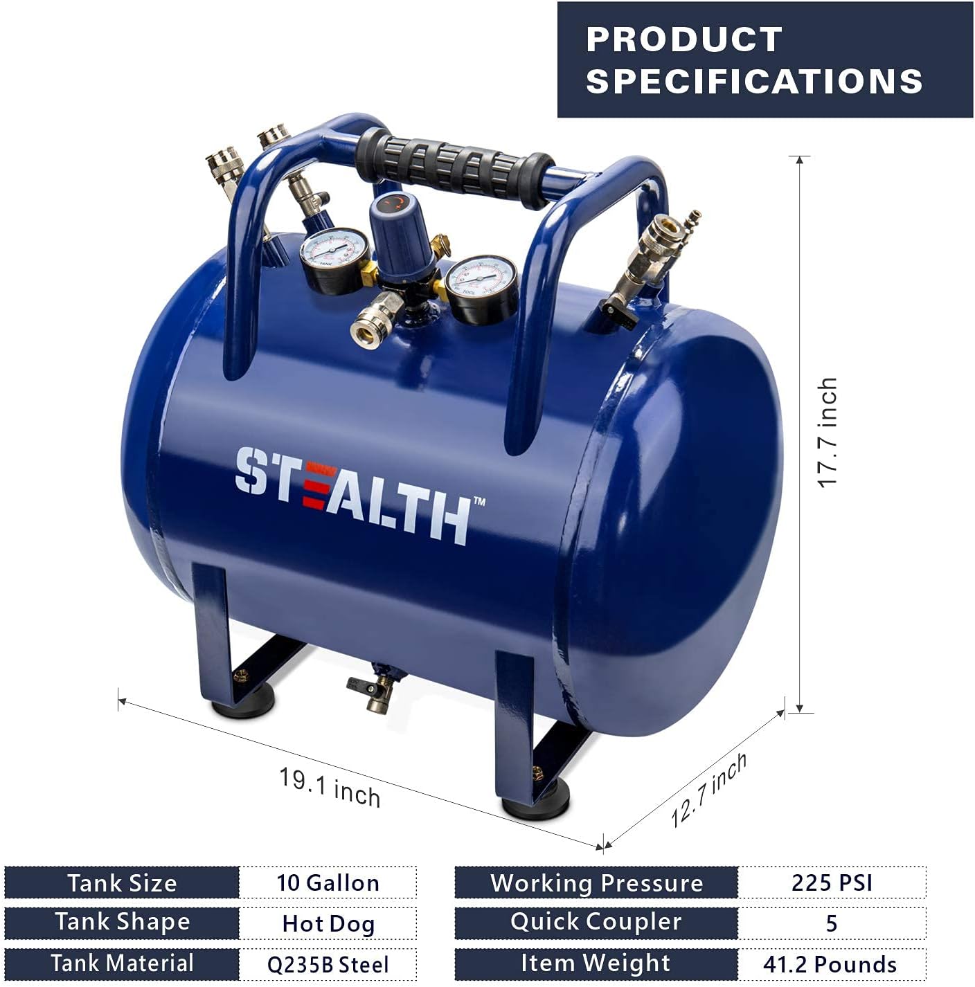 Diagram showing dimensions and key specifications of the STEALTH SAA-110T Air Tank.