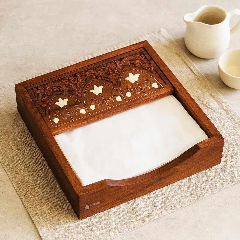 Image of Wooden Tissue Box| Rosewood Napkin Box| Tissue Holder Organizer for Table, Home, Office, Car| Rectangular Facial Paper Cloth Storage Case| Dispenser (7.5X7.5 Inches, Arvo Rosewood Tissue Box)