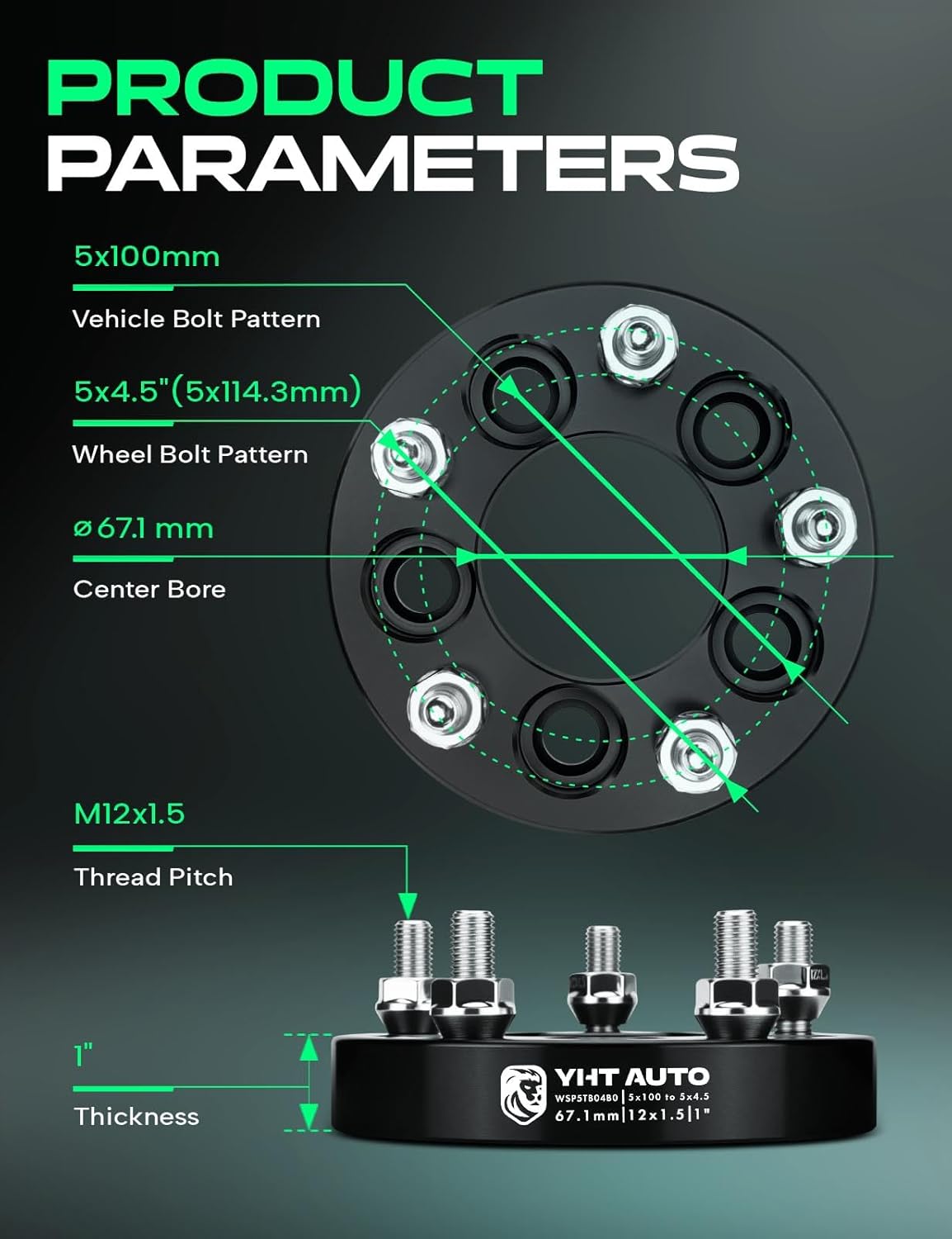 YHTAUTO 5x100 mm to 5x4.5 Wheel Adapters 1 inch Fit Toyota Camry, Corolla, Chevrolet, Chrysler, Dodge, Plymouth, Pontiac Volkswagen, 5x100 mm to 5x114.3 mm, Forged w/ M12x1.5 Studs 67.1 mm Center Bore
