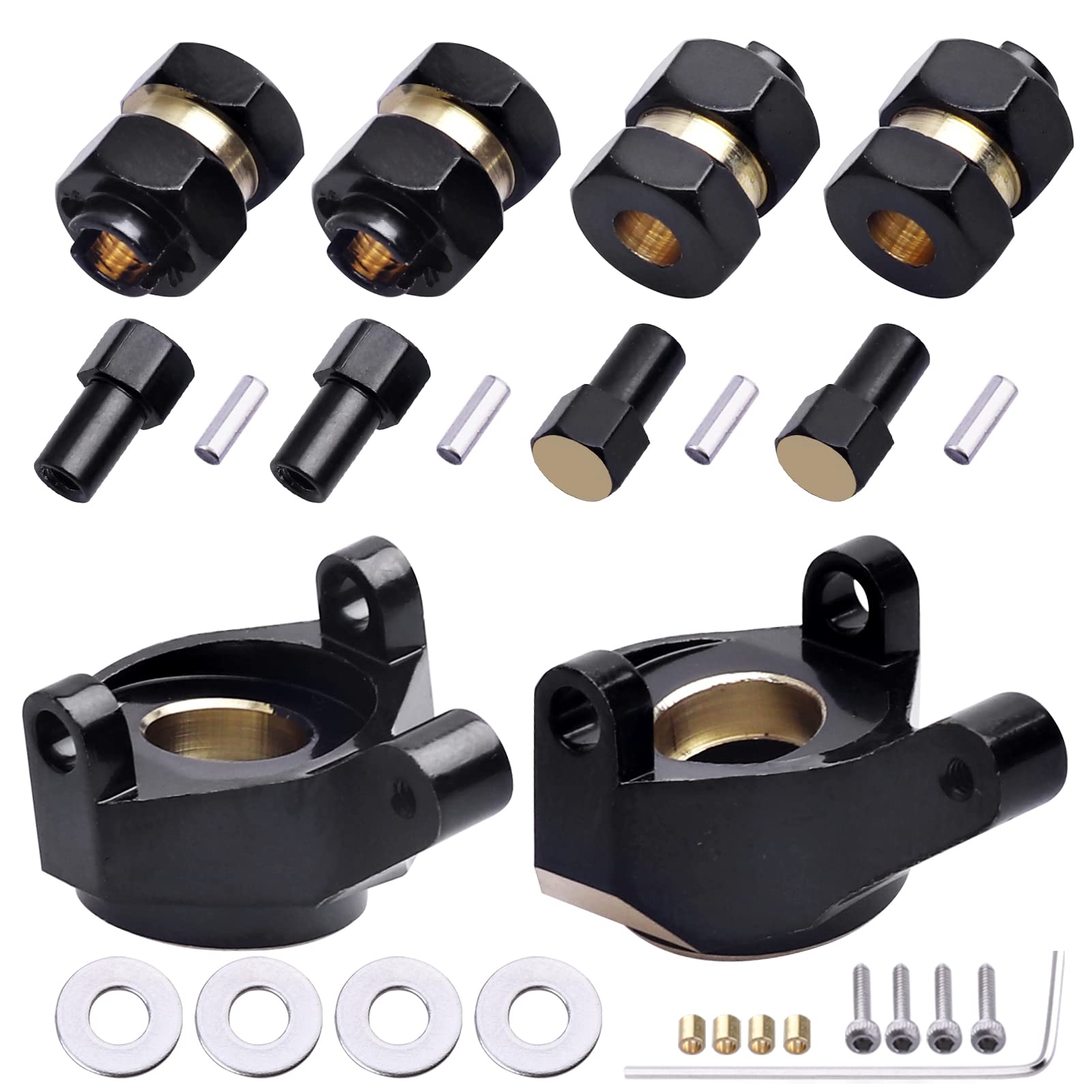 Hobbypark Brass Steering Knuckles Carriers and Brass Extended 7mm Wheel Hex Hubs Adapters for Axial SCX24 Upgrades Parts 1/24 RC Crawler Car (Black-Gold)