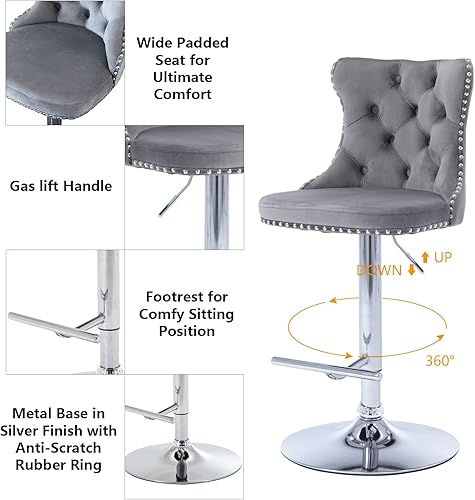 Miniatura 116 de Aoowow Juego de 2 taburetes de bar giratorios ajustables con respaldo de terciopelo copetudo, sillas de bar modernas tapizadas con cabeza de clavo