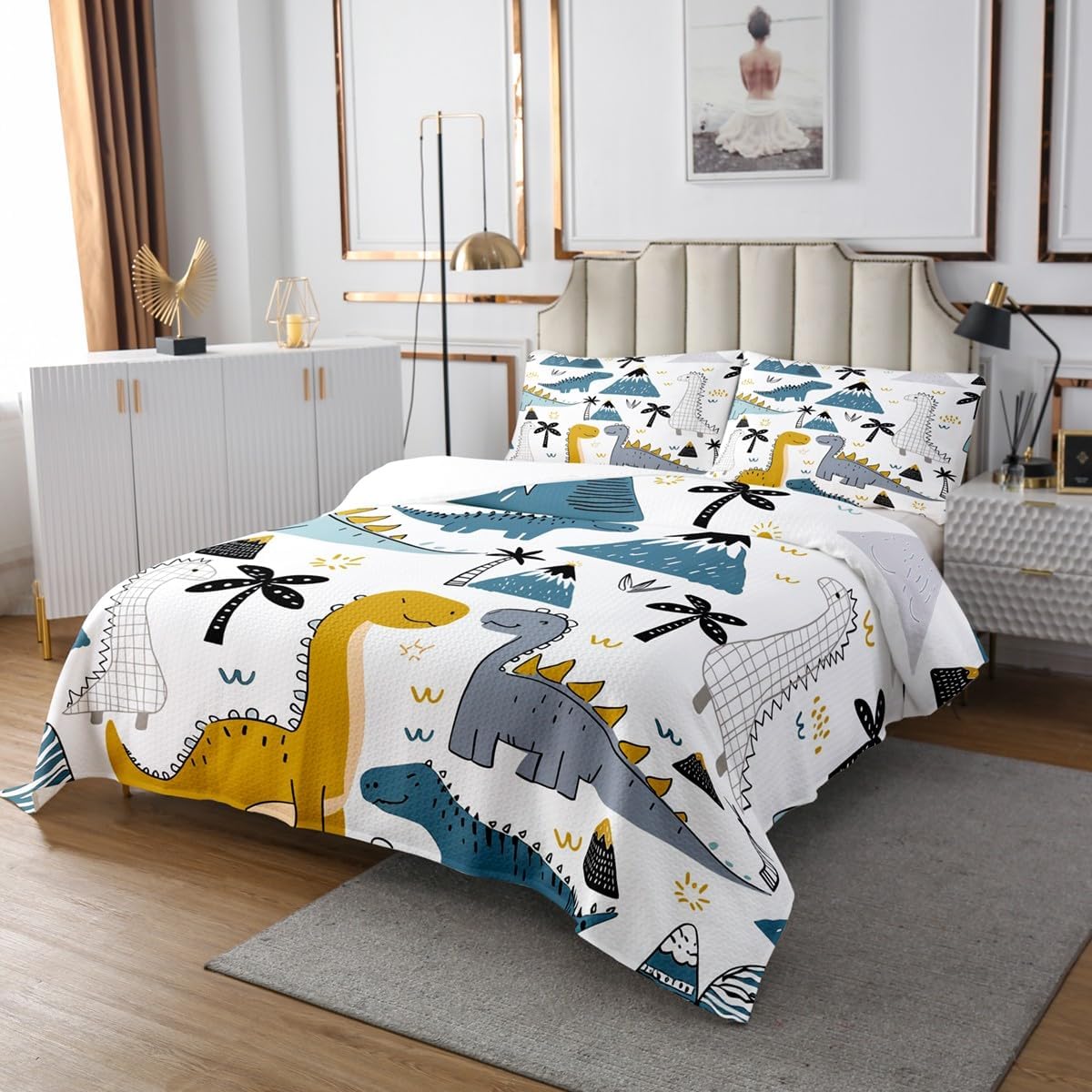 Erosebridal Kids Bedspread, Cute Cartoon Dinosaur Pattern Coverlet Set for Boys Children Lovely Animal World Bedroom Decor Quilted Coverlet, Stripe Grid Printed Soft Bedspread Quilt Set, Queen Size