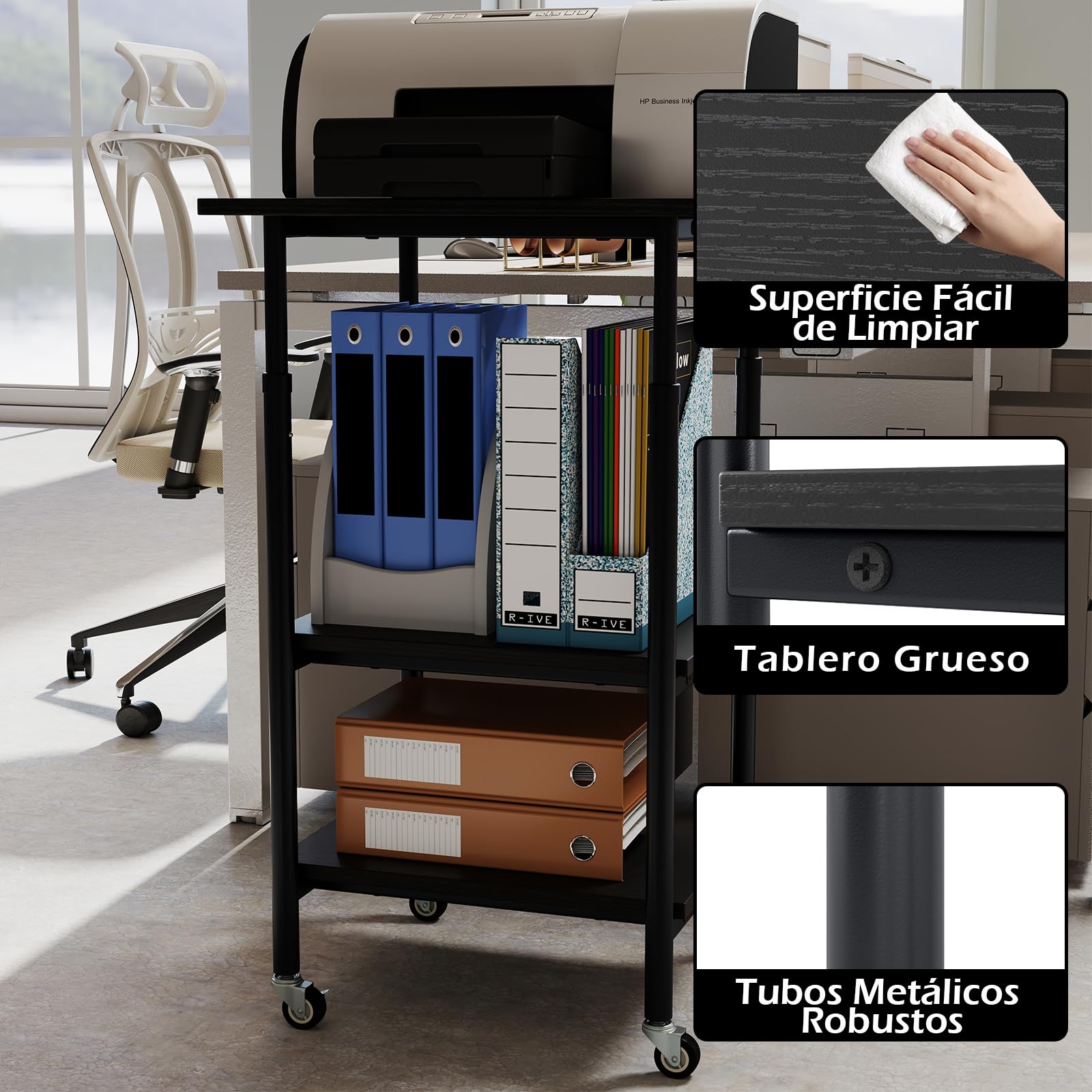 GIANTEX Soporte de Impresora con 4 Ruedas, Mesa de 3 Niveles, Tablero con Altura Ajustable, Estructura de Metal, 49 x 40 x 65-77 cm, Carrito Auxiliar para Oficina, Salón, Dormitorio (Negro)