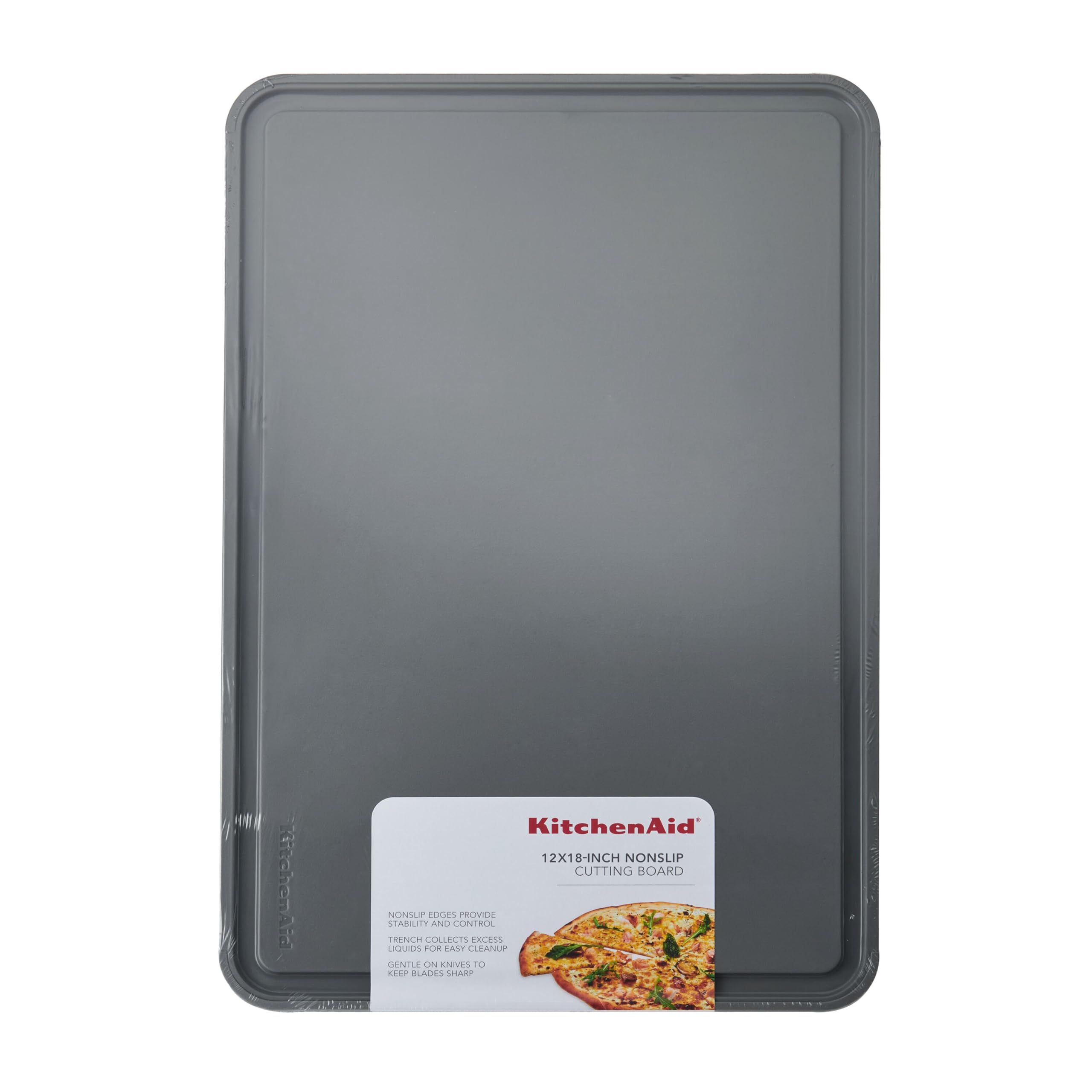 KitchenAid Klassisches Kunststoff-Schneidebrett mit umlaufendem Graben und rutschfesten Kanten, spülmaschinenfest, 30,5 x 45,7 cm, Grau