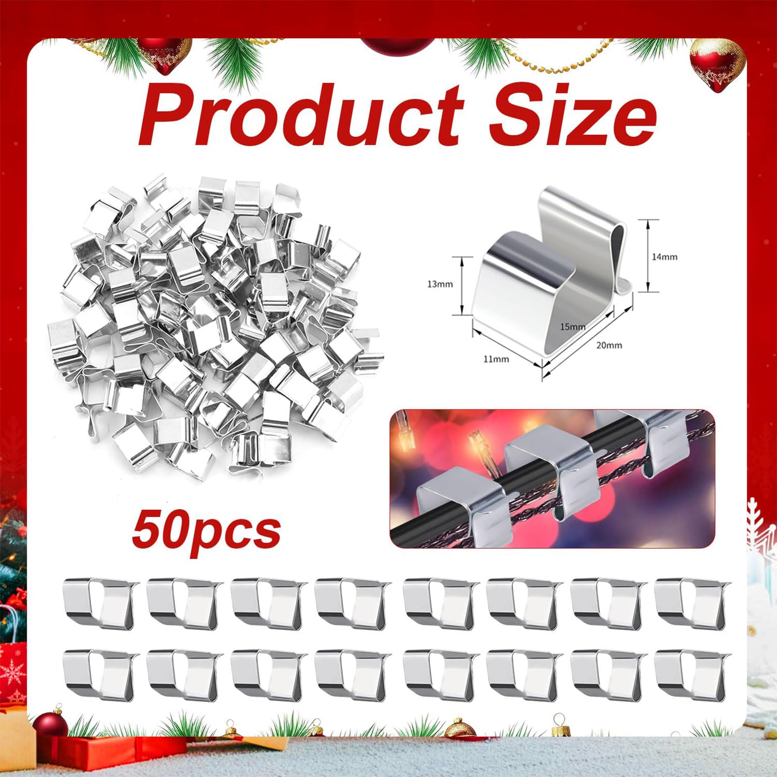 50 Stück Dachrinnenhaken für Lichterketten, Edelstahl Weihnachtsbeleuchtung, Edelstahl Weihnachtslichter-Clips, Mini Dachrinnenhaken, Metall Lichterhaken Clip