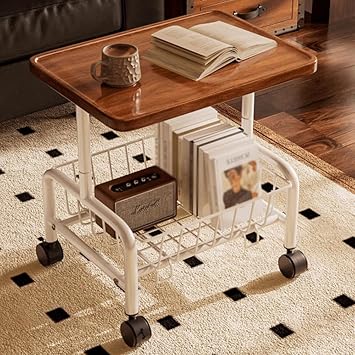Multifunctional Open Shelf 2 Tiers Coffee End Table,Couch Side Table with Wheels and Metal Frame,TV Tray Side End Tables for Living Room,White Walnut
