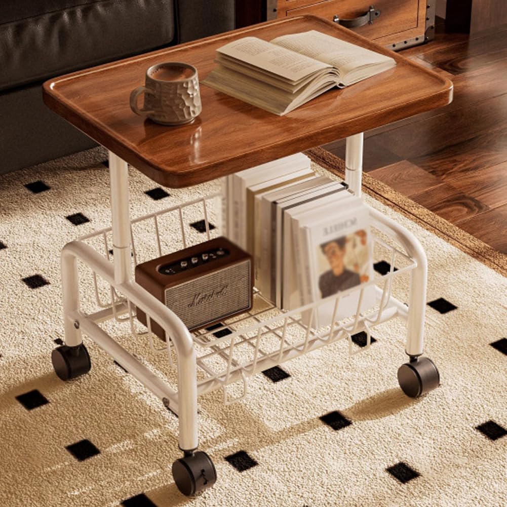 SXZenSpace Multifunctional Open Shelf 2 Tiers Coffee End Table,Couch Side Table with Wheels And Metal Frame,TV Tray Tables for Living Room,white walnut