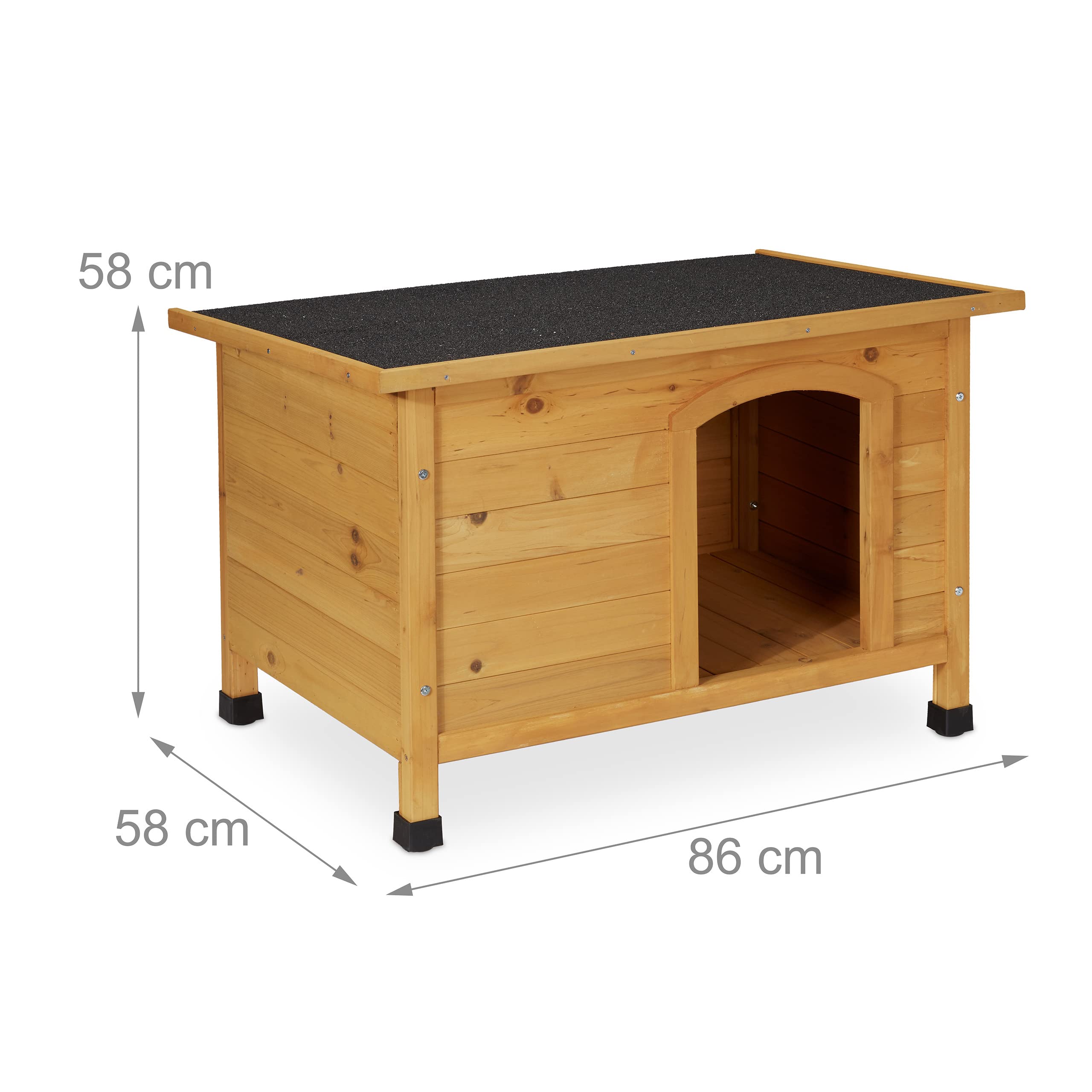 Relaxdays Hundehütte, HxBxT: 58 x 86 x 58 cm, wetterfestes Hundehaus, Holz, Dachpappe, Hundevilla Outdoor, Natur/schwarz