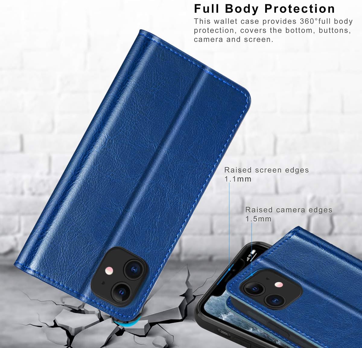 Uр Tо 40% оƒƒ Belemay Compatible with iPhone 12 Mini 5G Wallet Case (5.4 2020) Genuine Cowhide Leather [RFID Blocking] Credit Card Holder Folio Flip Cover Stand Folding Case, Blue