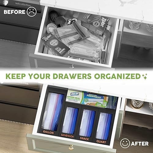 Miniatura 2 de Organizador de bambú Ziplock para cajón de cocina, 4 organizadores de bolsas de almacenamiento de alimentos separados, dispensador de bolsas de 12 x