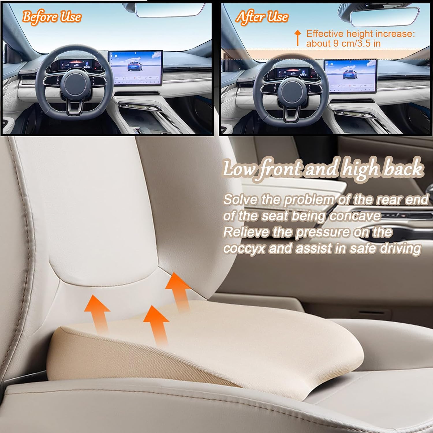 Adult Car Booster Seat Cushion for Driver, Comfort Memory Foam Wedge Car Seat Cushion for Driving Height, Seat Cushion for Car,Office Chair and Home Chair,Beige