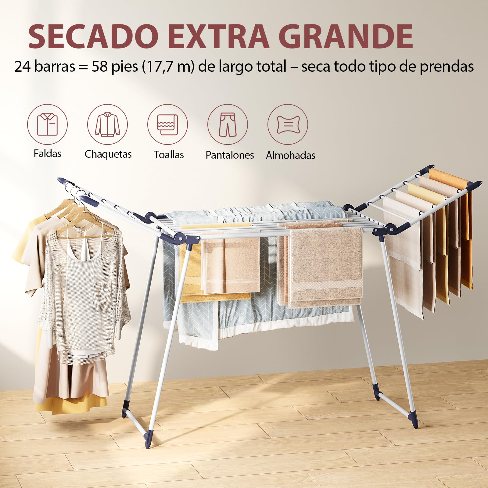 SYKIARIOL Tenderetes De Ropa Plegables con Alas - Tendederos Plegables Extensible- Estable Tendedero Ropa - para Interior y Exterior -FáCil Plegado - 175 X 60 X 105 cm - 18m de Secado - Blanco
