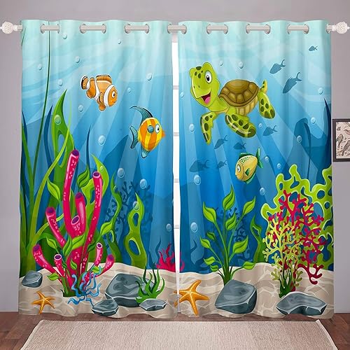 Feelyou Cortinas infantiles con diseño de tortugas marinas, peces tropicales, bonitas cortinas de criaturas oceánicas, cortinas de animales